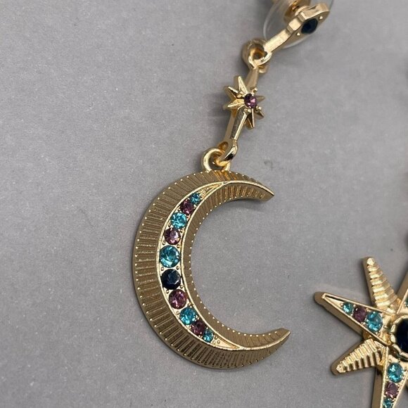 Moon & Star Multicolor Rhinestone Long Dangle Drop Earrings Gold Tone - Picture 6 of 7